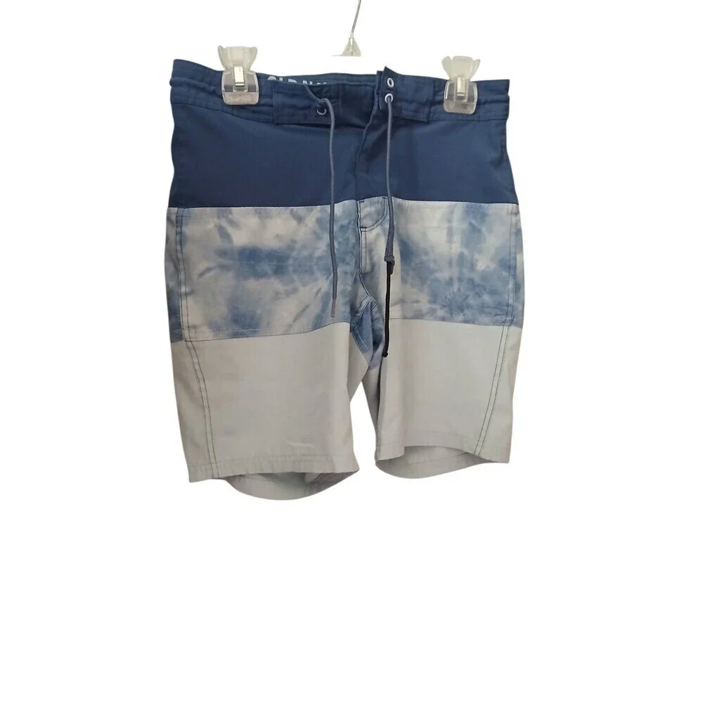 Men’s Colorblock Board Shorts Blue Tie Dye Swim Trunks Drawstring Beach Shorts